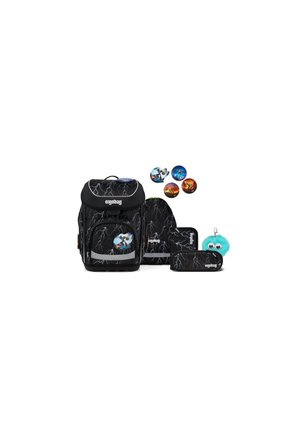 Black backpack set with white lightning pattern, including backpack, drawstring bag, pencil case, round pins with superhero designs, and a blue fuzzy keychain.