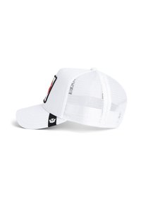 Casquette blanche avec une visière courbée, dos en maille, logo brodé sur le devant et accent noir sur le côté. Design léger et respirant.