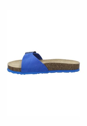 Blue slide sandal with a soft suede upper, cork footbed, and textured rubber outsole. Features adjustable strap and solid blue accents.