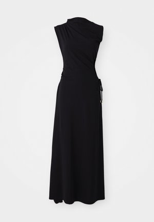 Robe noire sans manches avec un design à une épaule, taille froncée et détail de nouage sur le côté. Fabriquée en tissu doux et extensible. Longueur jusqu'au sol.