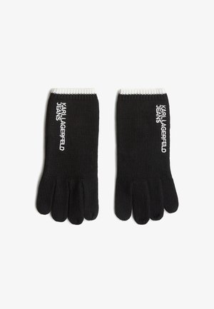 Zwarte gebreide handschoenen met een geribbelde manchet. "KARL LAGERFELD JEANS" is in het wit geborduurd aan de buitenkant van elke handschoen.