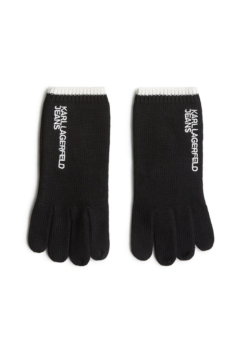 Guantes de lana negros con puño acanalado. "KARL LAGERFELD JEANS" está bordado en blanco en el lado exterior de cada guante.