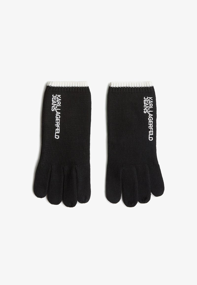 Črne pletene rokavice z rebrastim robom. Na zunanji strani vsake rokavice je v beli barvi izvezen napis "KARL LAGERFELD JEANS".