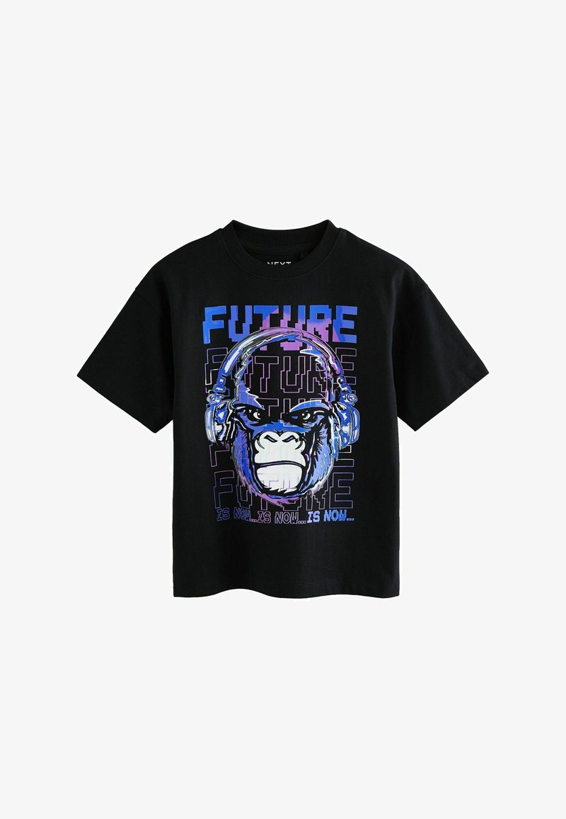 Black short-sleeve t-shirt with a graphic of a gorilla wearing headphones and the text "FUTURE IS NOW" in blue and purple tones.