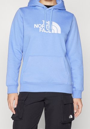 Personne portant un sweat à capuche bleu clair avec le logo "The North Face" et un pantalon cargo noir avec des poches, face à un fond uni.