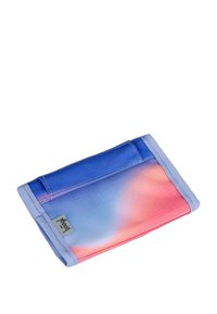 Colorful fabric wallet in shades of blue, pink, and purple. Features stitched edges and a small white tag. Compact rectangular design.