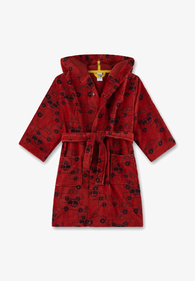 Rote Kapuzenrobe aus weichem Frottee, mit einem wiederholten schwarzen Truck-Motiv, einem Kordelzug in der Taille und zwei Fronttaschen.