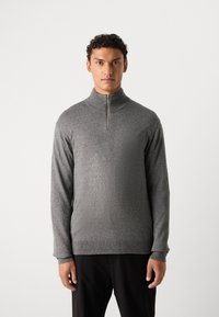 Gray half-zip pullover with long sleeves, made of textured fabric. Features ribbed collar and cuffs, suitable for casual wear.