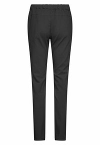 Fekete, egyenes szárú nadrág rugalmas derékpánttal, hátulnézetben, fehér háttér előtt.