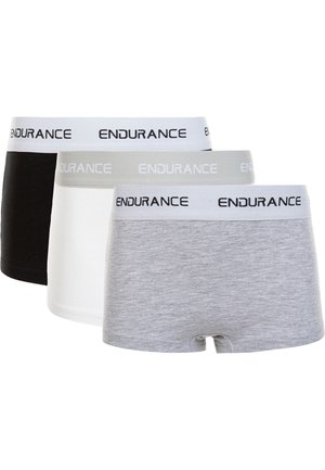 Tre par boxershorts i svart, vitt och grått, med en mjuk midjeband med "ENDURANCE" tryckt i svart. Tillverkas av bomull, sömlös design.