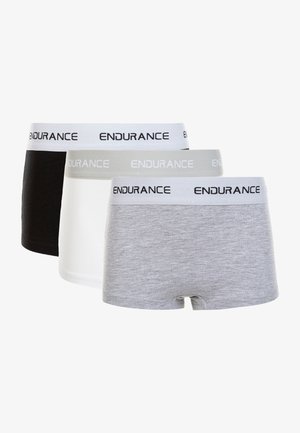 Tre par boxershorts i sort, hvid og grå, med en blød elastik med "ENDURANCE" trykt i sort. Lavet af bomuldsmateriale, sømløst design.