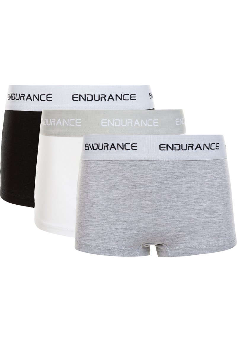 Tre par boxershorts i svart, vitt och grått, med en mjuk midjeband med "ENDURANCE" tryckt i svart. Tillverkas av bomull, sömlös design.
