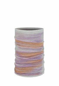 Accessorio tubolare multifunzionale in grigio, decorato con vortici viola e arancioni. Tessuto morbido ed elastico che consente un uso versatile.