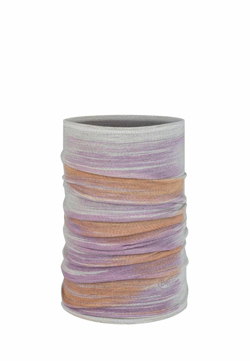 Accessorio tubolare multifunzionale in grigio, decorato con vortici viola e arancioni. Tessuto morbido ed elastico che consente un uso versatile.