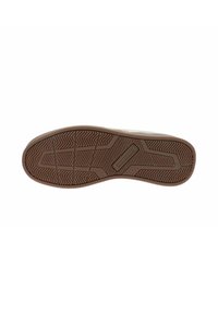 Suola di scarpa in gomma marrone con un motivo a spina di pesce testurizzato e scanalature per una migliore trazione. Presenta un logo del marchio discreto al centro.