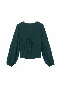 Teal, langærmet bluse med dyb V-udskæring og båndlukning foran. Har en samlet talje og tekstureret stof.