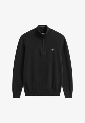 Sort quarter-zip pullover sweater lavet af blødt strikstof. Har ribbet krave, manchetter og kant, med et lille logo på brystet.