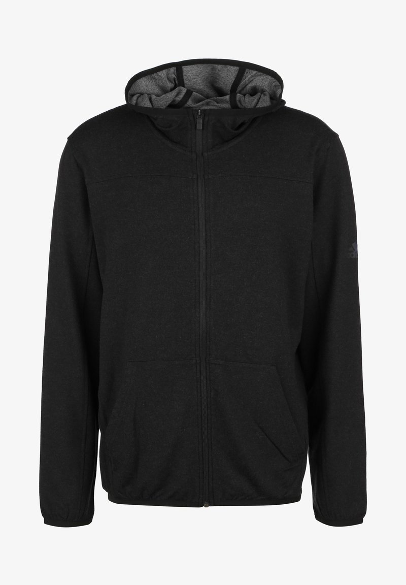 Felpa nera con zip e cappuccio foderato in pile grigio, due tasche frontali e polsini elasticizzati. Presenta una texture liscia e un design informale.