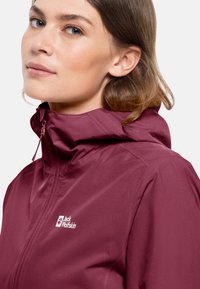 Maroon waterproof jacket featuring a high collar, front zipper, and logo. Smooth texture with a fitted design, suitable for outdoor use.