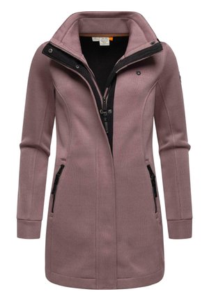Long pink coat with a high collar, black zipper, and two zippered pockets. Made from textured fabric with a fitted design.