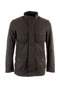 Donkerbruine jas met hoge kraag, voorzakken en knoopsluiting. Gemaakt van duurzame materialen met een soepele textuur.