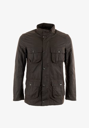 Dunkelbraune Jacke mit hohem Kragen, Fronttaschen und Knopfverschluss. Hergestellt aus strapazierfähigem Material mit glatter Textur.