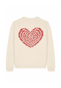 Crèmekleurige sweatshirt met een groot rood hartontwerp, opgebouwd uit verschillende tekststijlen. Geribbelde manchetten en tailleband voor structuur en pasvorm.