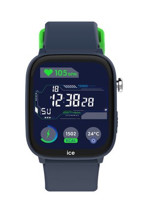 Orologio smart digitale con quadrante quadrato, cinturino blu navy e accenti verdi. Visualizza battito cardiaco, calorie, temperatura e ora in cifre grandi e bold.