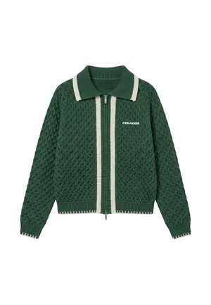 Maglione verde scuro lavorato a maglia con cerniera, righe verticali bianche sul colletto e sulla zip, motivo a trama e logo "PEGADOR" sul petto.