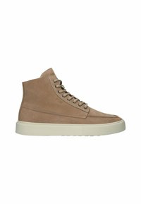 Beige suède high-top sneaker met een gladde textuur, rubberen zool en metalen oogjes voor de veters. Kenmerkt zich door een ronde neus en ton-sur-ton stiksels.