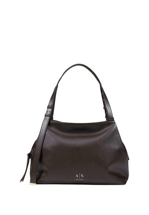 Mørkebrun læder skuldertaske med justerbar rem og lille A|X Armani Exchange logo foran i midten.