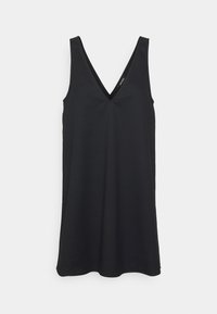 Schwarzes ärmelloses Top mit tiefem V-Ausschnitt; aus glattem, leichtem Stoff; hat eine lockere Passform und ein schlichtes Design ohne Verzierungen.