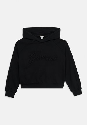 Μαύρο φούτερ με κουκούλα και μακριά μανίκια, με ριμπ τελειώματα στα μανίκια και κεντημένο ανάγλυφο λογότυπο "Guess" στη μέση μπροστά.