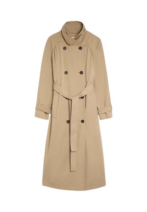 Trench-coat beige croisé avec ceinture à la taille, poignets boutonnés, deux poches avant et col montant.