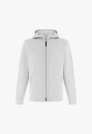 Felpa con cappuccio grigia chiara con cerniera, maniche lunghe e due tasche laterali con zip, mostrata su sfondo bianco.