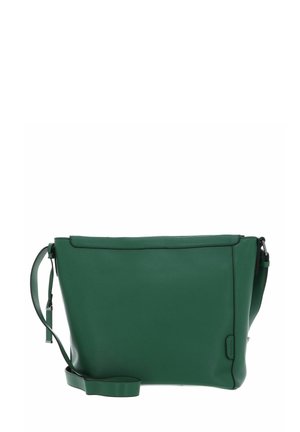 Sac bandoulière en cuir vert de forme rectangulaire fine, avec fermeture éclair, sangle réglable et design minimaliste, avec des détails de couture subtils.