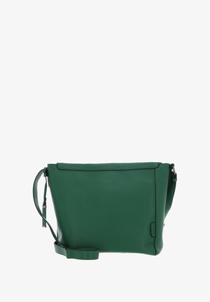 Sac bandoulière en cuir vert de forme rectangulaire fine, avec fermeture éclair, sangle réglable et design minimaliste, avec des détails de couture subtils.