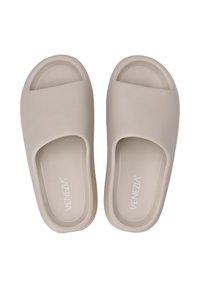 Beige slide sandals crafted from rubber with a smooth texture, open toe design, and a subtle logo on the insole.