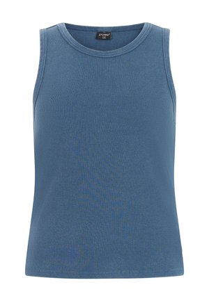 Blauw geribd tanktop met een ronde halslijn en zonder mouwen, gemaakt van een zachte stof, geschikt voor casual gebruik. Merkenteken zichtbaar aan de binnenkant.