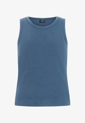 Blauw geribd tanktop met een ronde halslijn en zonder mouwen, gemaakt van een zachte stof, geschikt voor casual gebruik. Merkenteken zichtbaar aan de binnenkant.