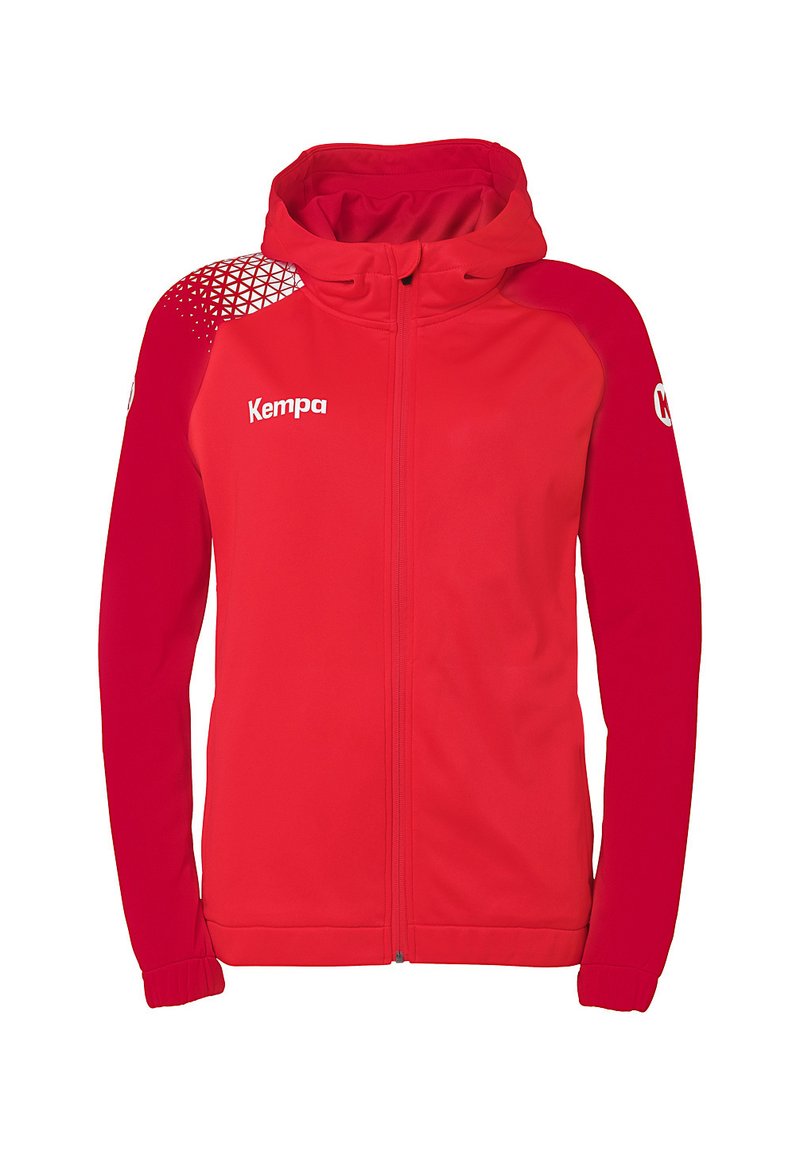 Rode hooded jack gemaakt van zacht materiaal, met een volledige rits, ribgebreide manchetten en een geometrisch patroon op de bovenste schouder. Logo weergegeven.