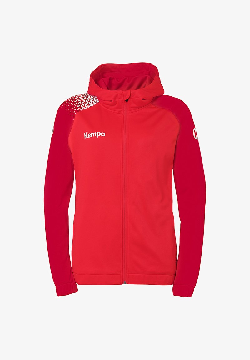 Rode hooded jack gemaakt van zacht materiaal, met een volledige rits, ribgebreide manchetten en een geometrisch patroon op de bovenste schouder. Logo weergegeven.