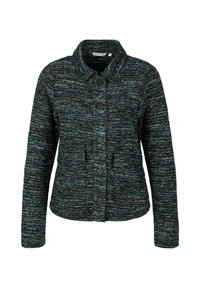 Veste pour femmes à manches longues boutonnée avec un motif en tricot texturé dans des tonalités de noir, bleu et gris, dotée d'un col et de poches avant.