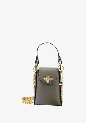 Gray leather handbag with a curved flap, golden bee emblem, and gold chain strap. Features Italian flag charm. Smooth texture, structured shape.