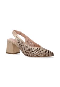 Beige Slingback-Schuh mit durchbrochener Oberseite, spitzem Zeh und einem klobigen quadratischen Absatz. Glatte Textur mit einem subtilen Glanz.