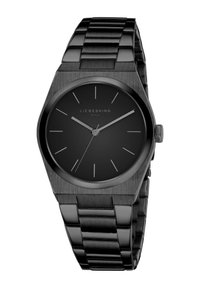 Svart metallarmbandsur med en minimalistisk rund urtavla, slanka visare och en borstad yta. Har ett länkarmband och diskret varumärkeslogga.