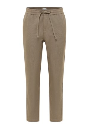 Beige jogger pants with a textured design, elastic waistband, and adjustable drawstring, featuring two side pockets and tapered legs.