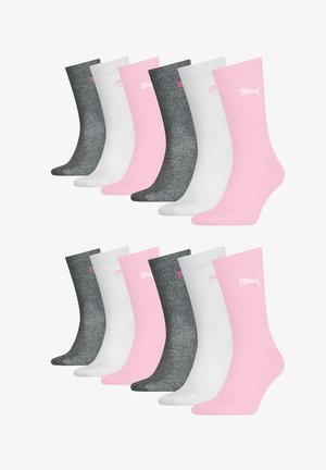 Set aus sechs Paar Socken in Grau, Weiß und Pink. Jede Socke hat eine gerippte Textur und ein Logo im oberen Bereich.
