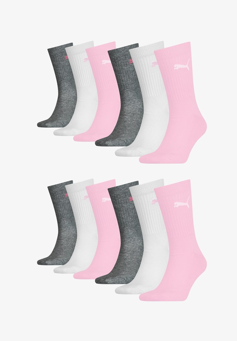 Set aus sechs Paar Socken in Grau, Weiß und Pink. Jede Socke hat eine gerippte Textur und ein Logo im oberen Bereich.