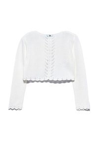 Maglione bianco cropped con maniche lunghe, orlo scallop e dettagli di cucitura intricati sulla parte posteriore, realizzato in un tessuto a maglia testurizzato.